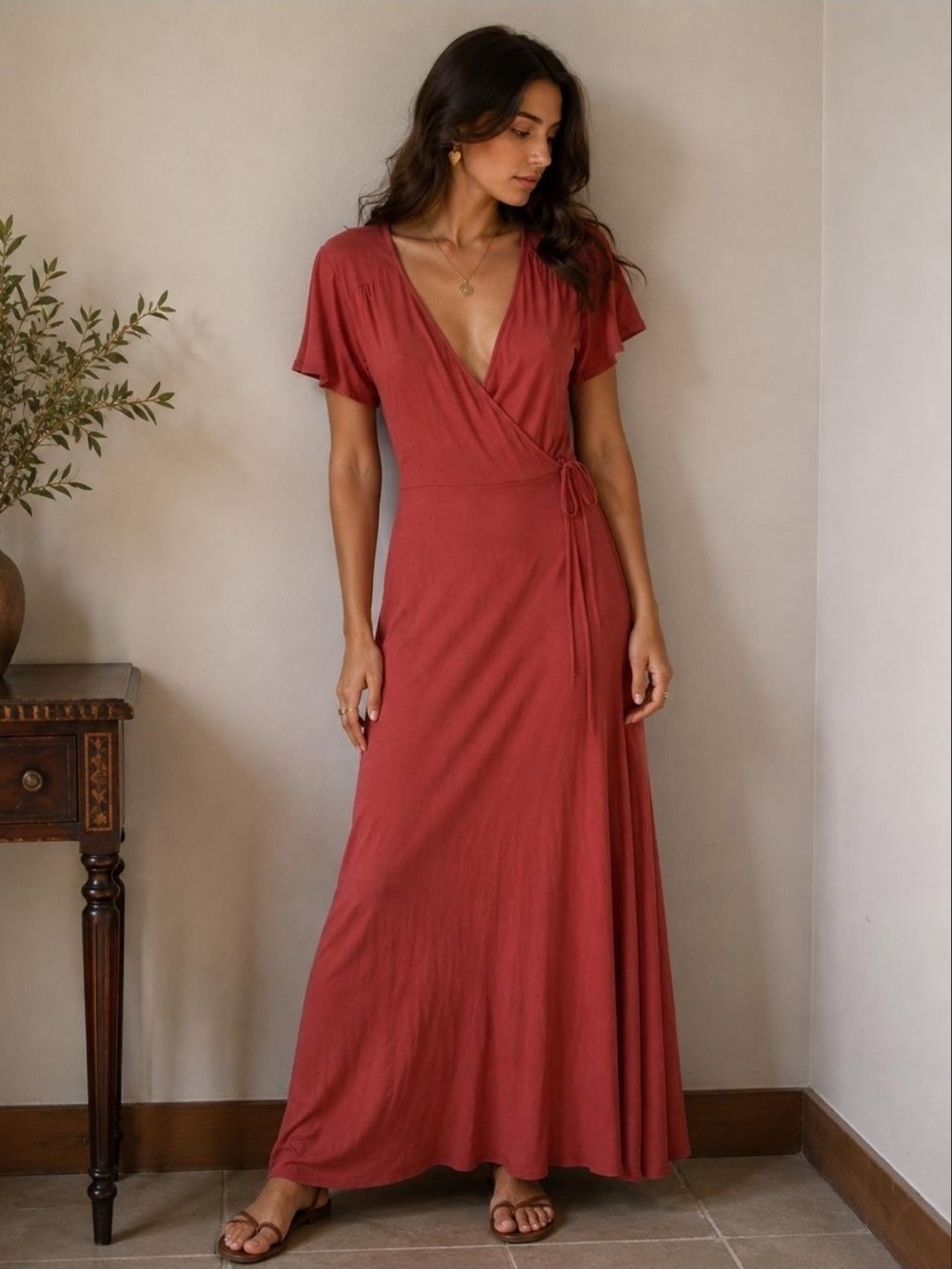 Women's Deep Mauve Wrap Maxi Dress with Flutter Sleeves